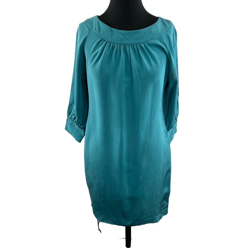 VINTAGE AKA New York Blue Silk 3/4 Sleeve Round Neck Mini Tunic Dress Size S
